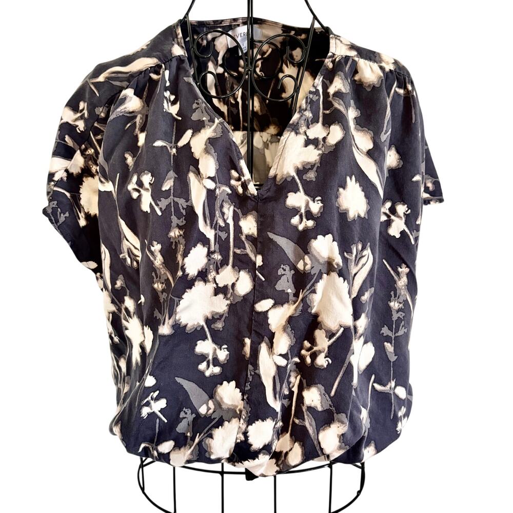 Evereve Abstract Floral Blouson V-Neck Top Cap Sleeve Boho Feminine S